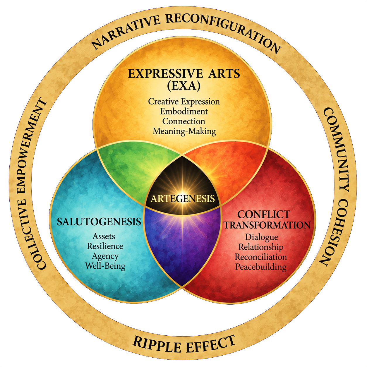 Artegenesis research diagram connecting expressive arts, salutogenesis and conflict transformation